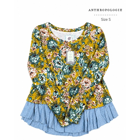 Lilka Tops - Anthropologie Lilka Floral Knit Top Chambray Ruffle Hem Long Sleeve Size S NWT